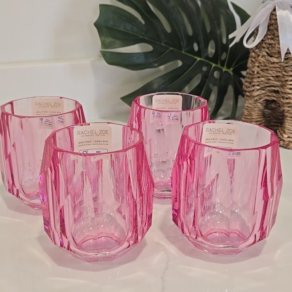 Pink Acrylic Crystal Cut Cups Rachel Zoe Set of 4 NEW